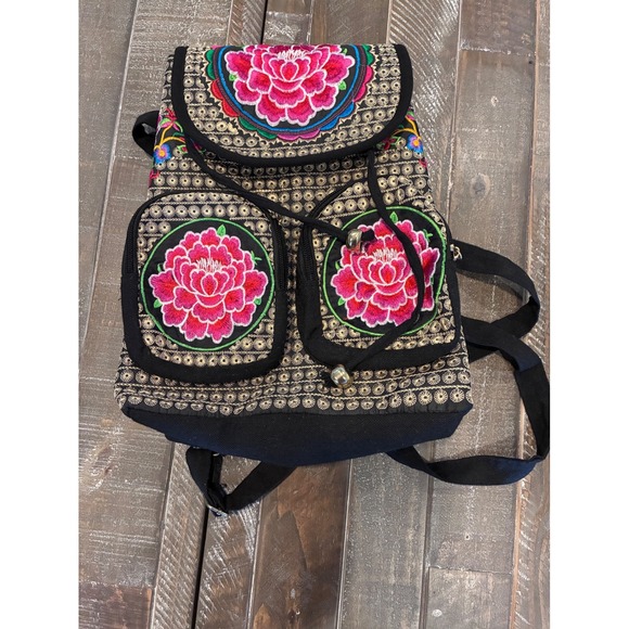 Embroidered Floral Mini Backpack Women's Drawstring Festival Boho Bag - Picture 1 of 6